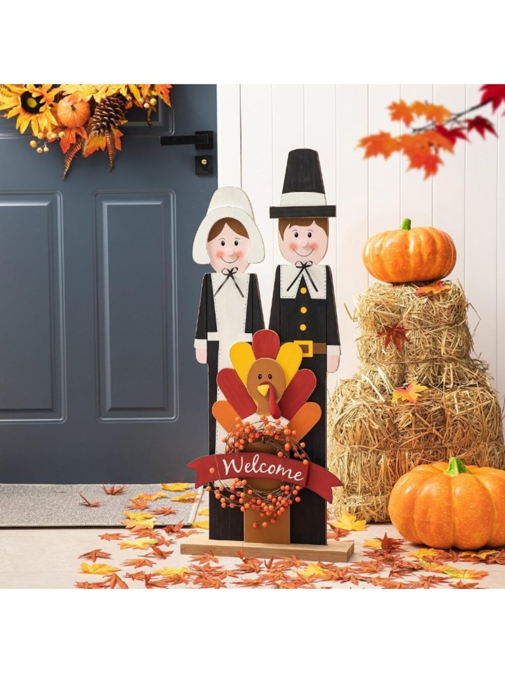 Thanksgiving Pilgrim Couple with Turkey Porch Sign - Farmhouse Fall Decor 36''H